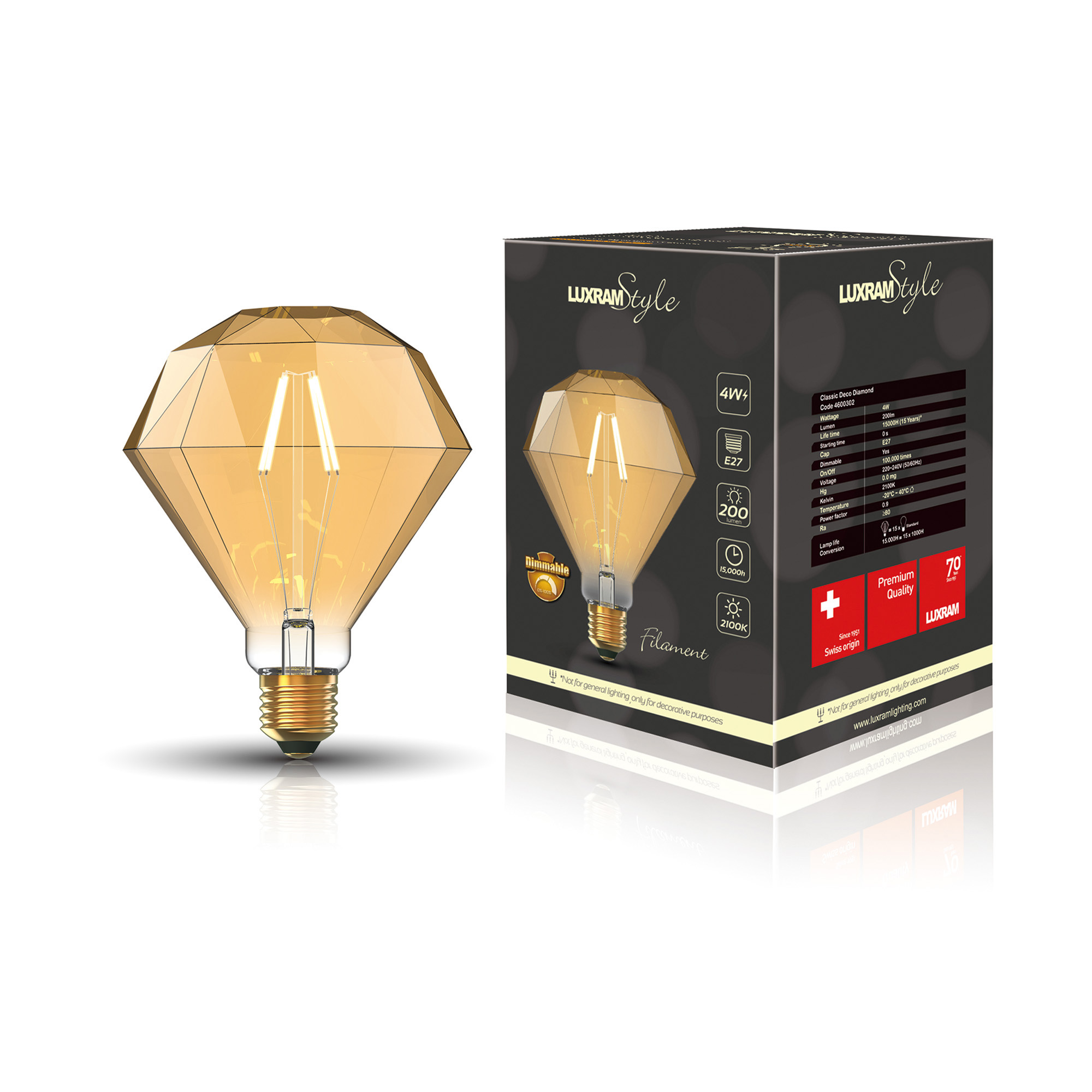 Classic Style LED Diamond E27 Dimmable 4W 2100K 200lm 4600302  Luxram Classic Style